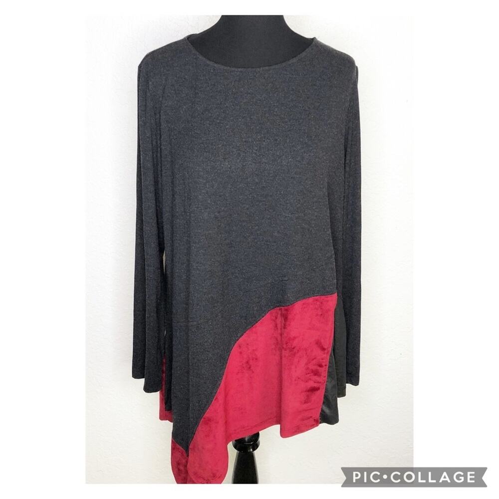 Alembika charcoal gray red black mixed material tunic top size 7 or US 18-20